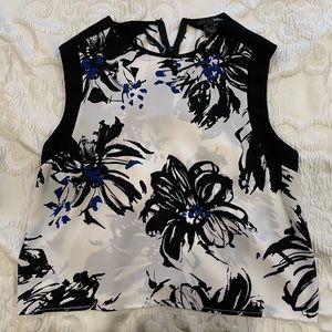 White, Black & Blue Floral Aqua Woman’s Blouse Medium